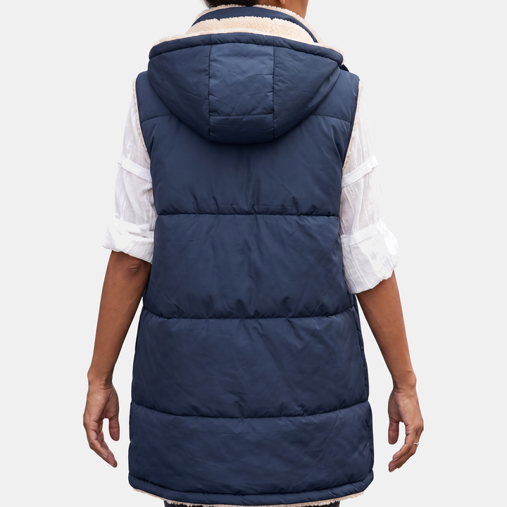 Women's Reversible Sherpa Fleece Sleeveless Hooded Zip Up Vest