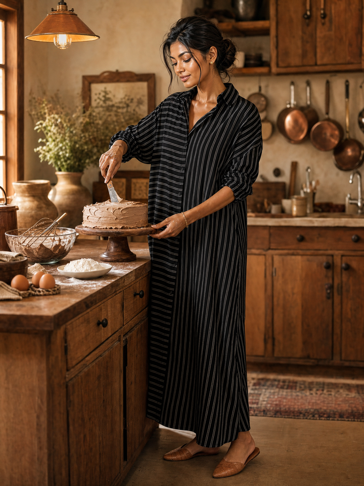 Women's Striped Long Sleeve Button-Up Shirt Maxi Dress
