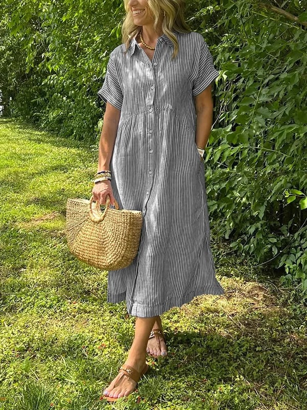 Striped Lapel Button Down Shirt Dress