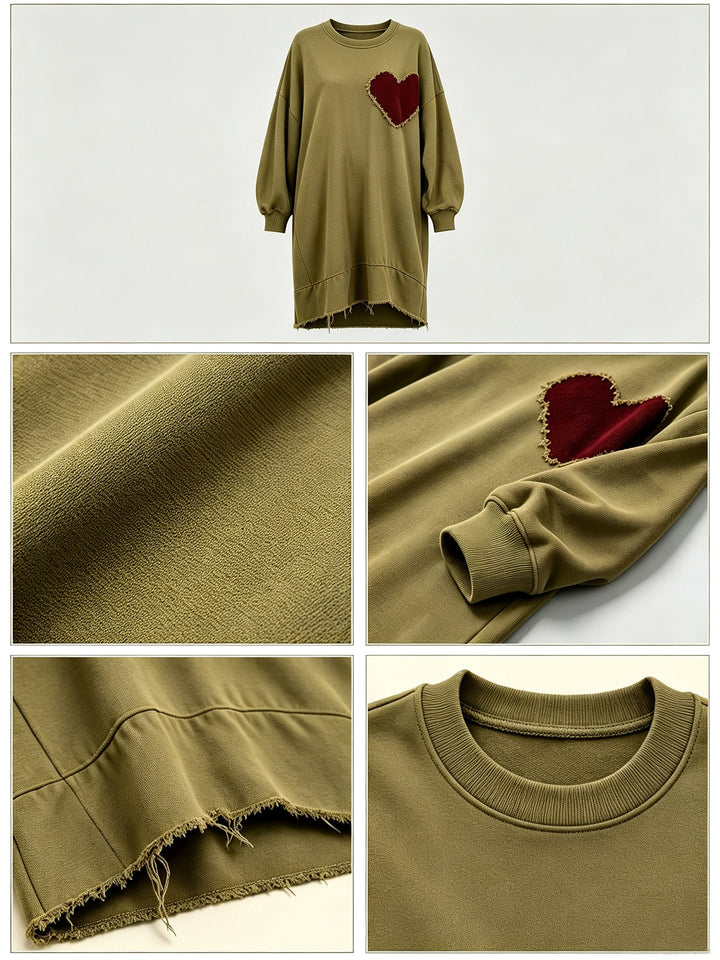 Women’s Oversized Olive Heart Patch Sweatshirt Dress – Relaxed Casual Midi Dress