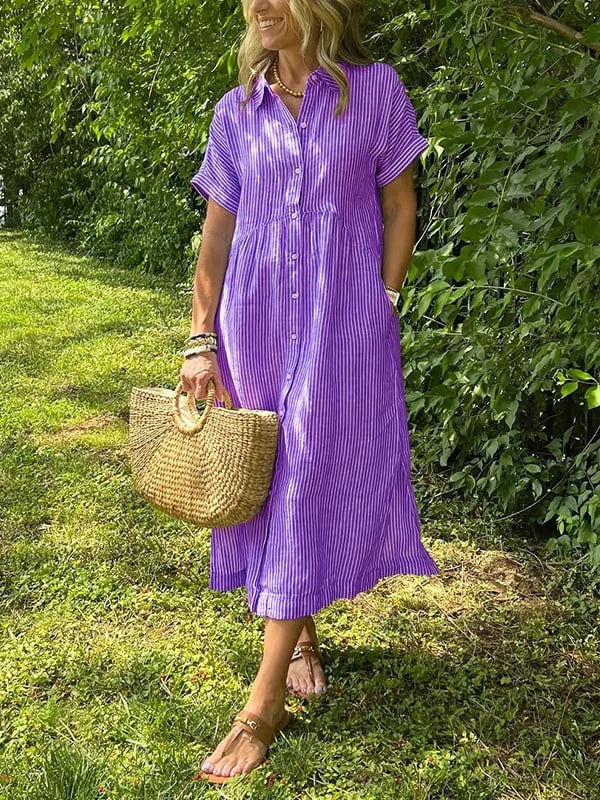 Striped Lapel Button Down Shirt Dress