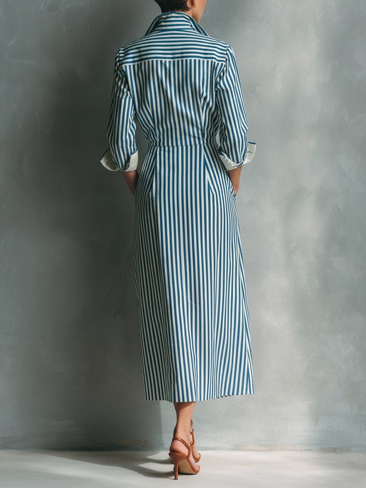 Women's Blue And White Cotton Striped Shirt Dress With Red Chest Pocket MDZ1286C2T