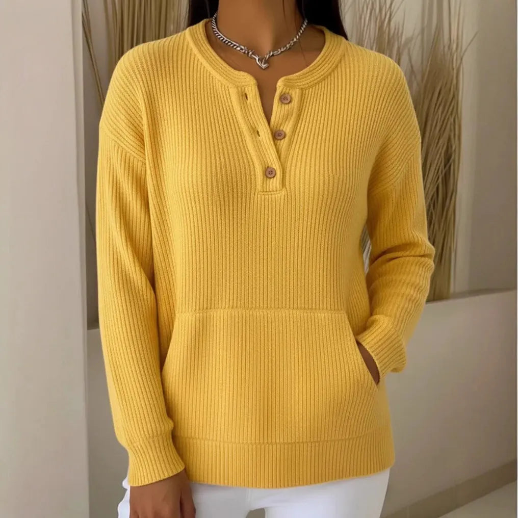 Aileen | Women's Ribbed Henley Sweater, Button Neck Knit Pullover with Pocket