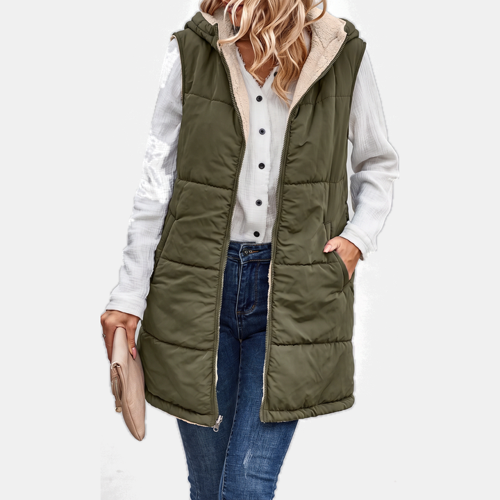 Women's Reversible Sherpa Fleece Sleeveless Hooded Zip Up Vest