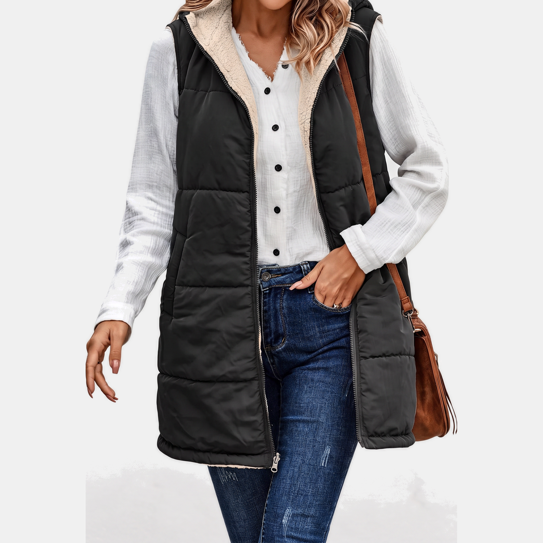 Women's Reversible Sherpa Fleece Sleeveless Hooded Zip Up Vest
