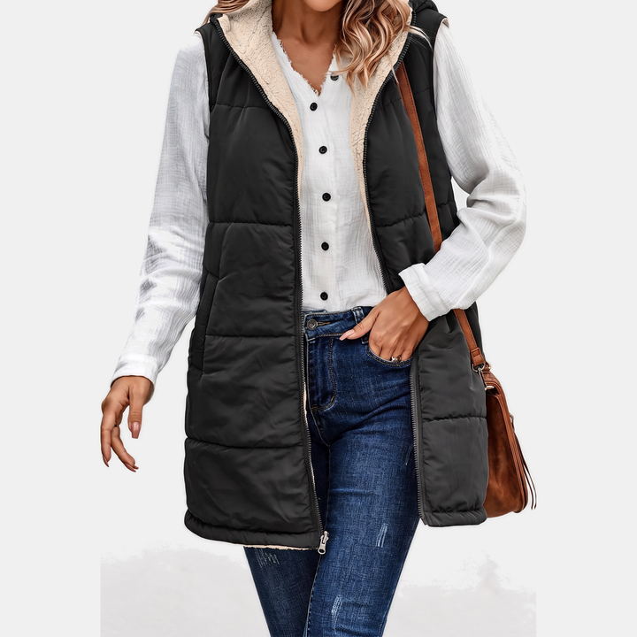 Women's Reversible Sherpa Fleece Sleeveless Hooded Zip Up Vest