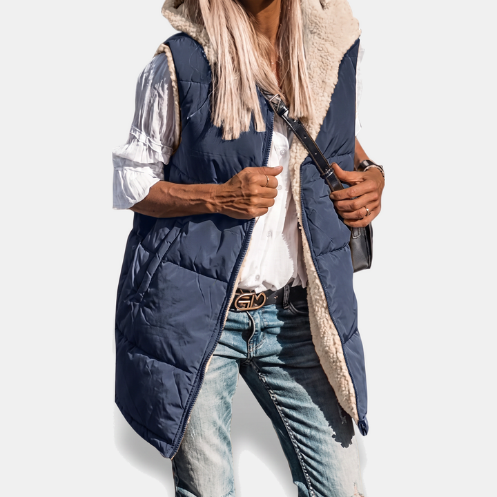 Women's Reversible Sherpa Fleece Sleeveless Hooded Zip Up Vest