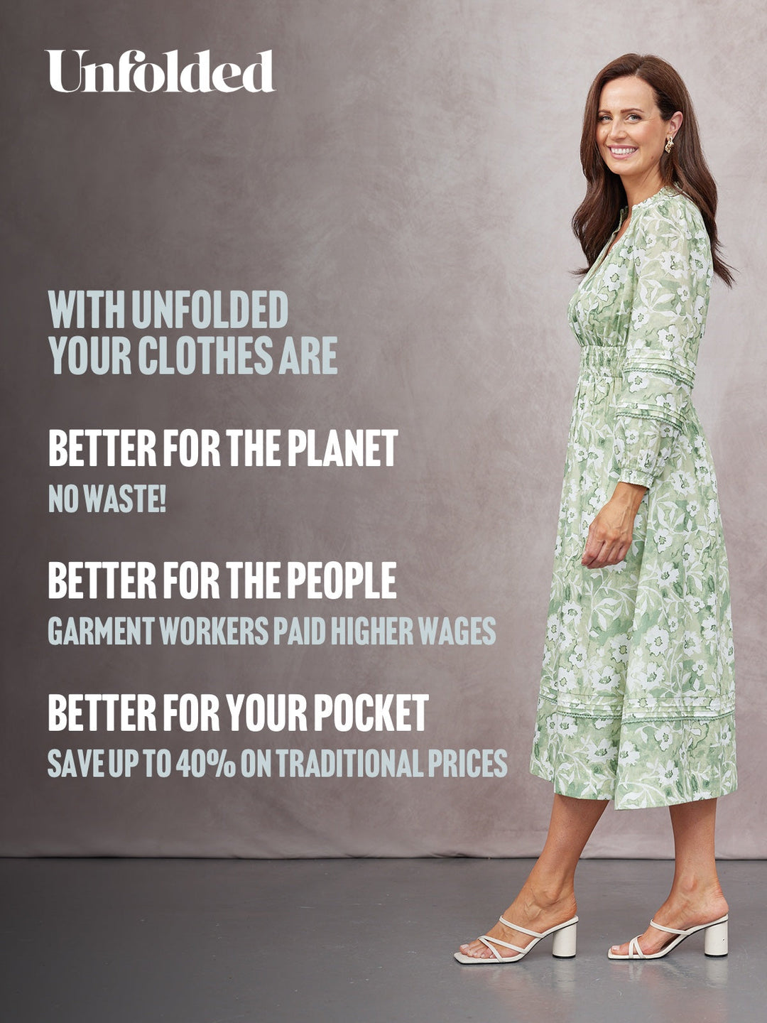 May Long Sleeve Shirred Neckline Dress - Green & White Watercolour Floral Print