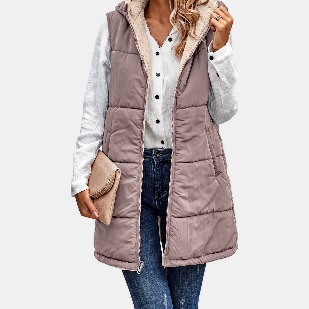 Women's Reversible Sherpa Fleece Sleeveless Hooded Zip Up Vest