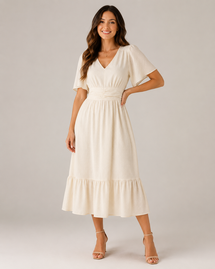 Marjo- Midi Dress with V-Neck and Waist Accent