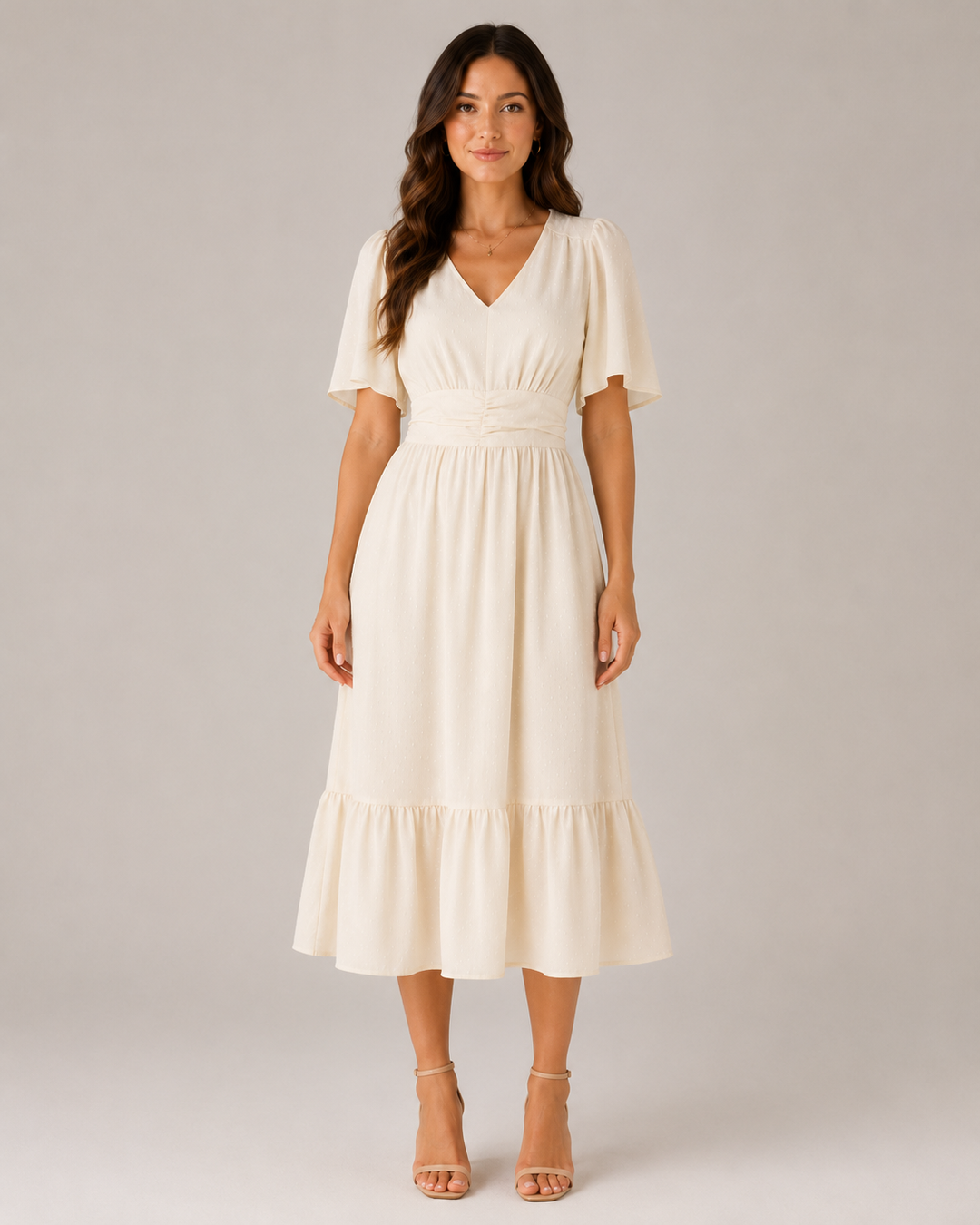 Marjo- Midi Dress with V-Neck and Waist Accent