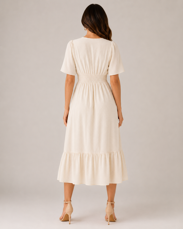 Marjo- Midi Dress with V-Neck and Waist Accent