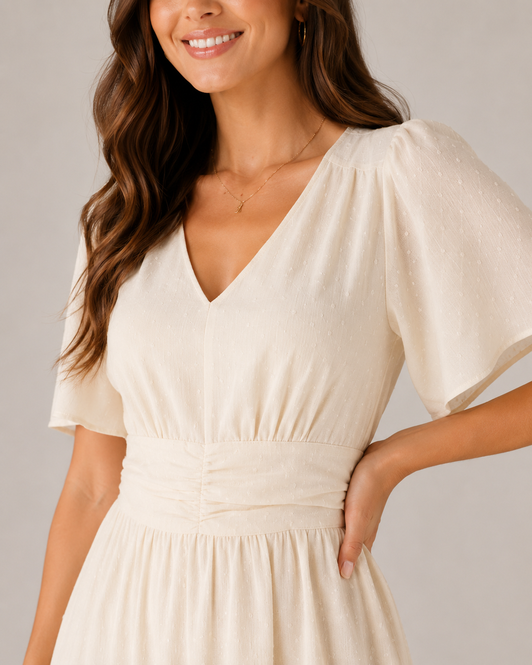 Marjo- Midi Dress with V-Neck and Waist Accent