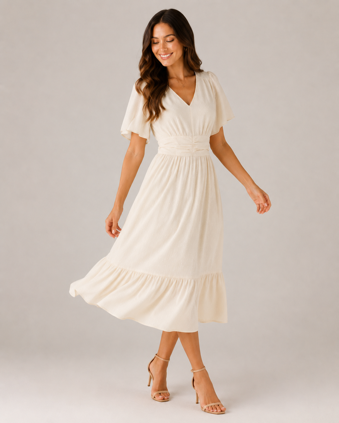 Marjo- Midi Dress with V-Neck and Waist Accent