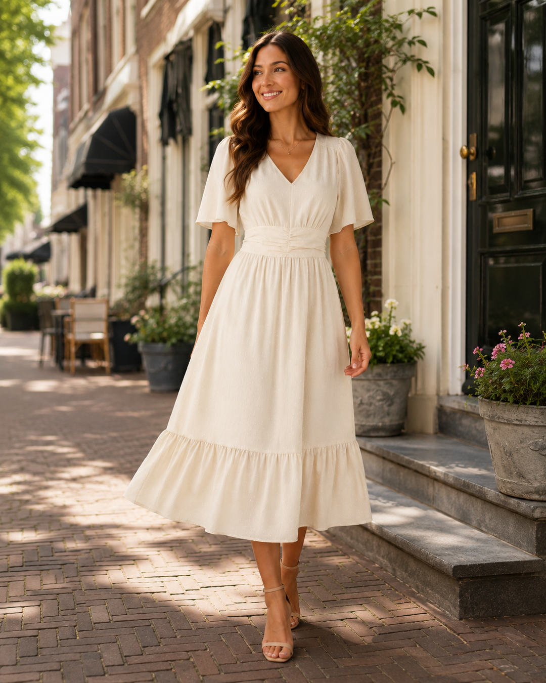 Marjo- Midi Dress with V-Neck and Waist Accent