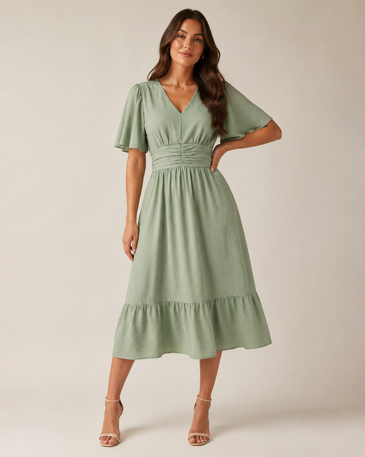 Marjo- Midi Dress with V-Neck and Waist Accent