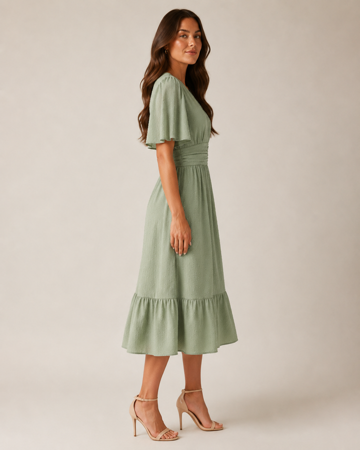 Marjo- Midi Dress with V-Neck and Waist Accent