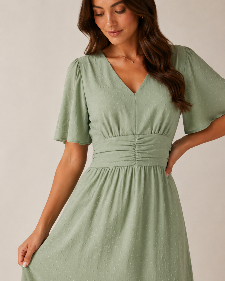 Marjo- Midi Dress with V-Neck and Waist Accent