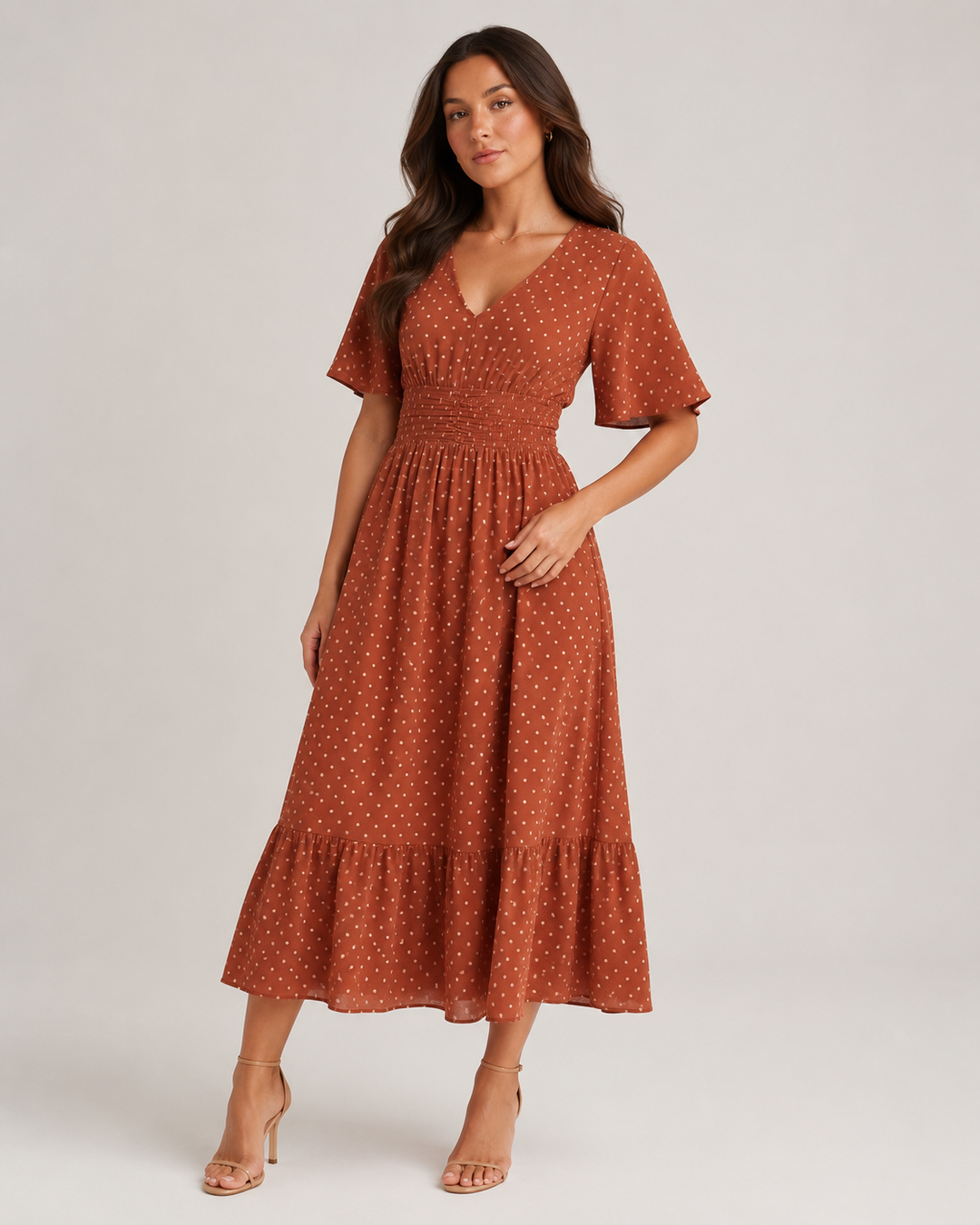 Marjo- Midi Dress with V-Neck and Waist Accent