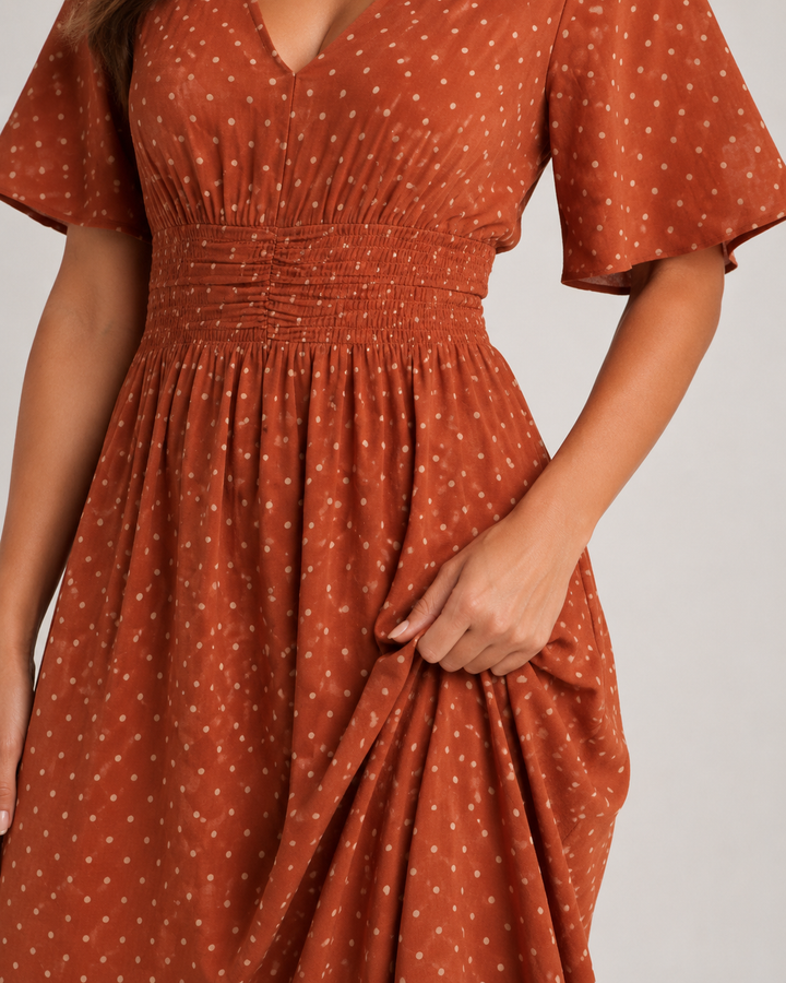 Marjo- Midi Dress with V-Neck and Waist Accent