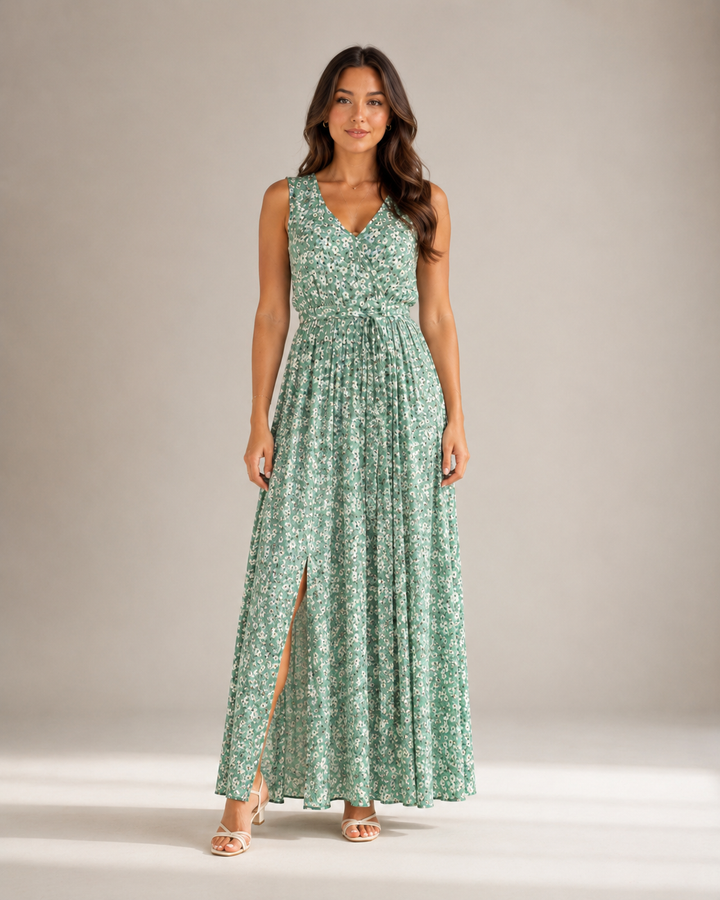 Maren - Sleeveless Maxi Dress with Floral Print and Slit