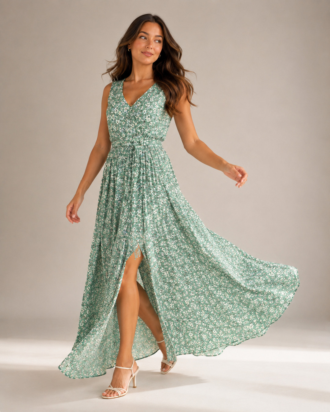 Maren - Sleeveless Maxi Dress with Floral Print and Slit