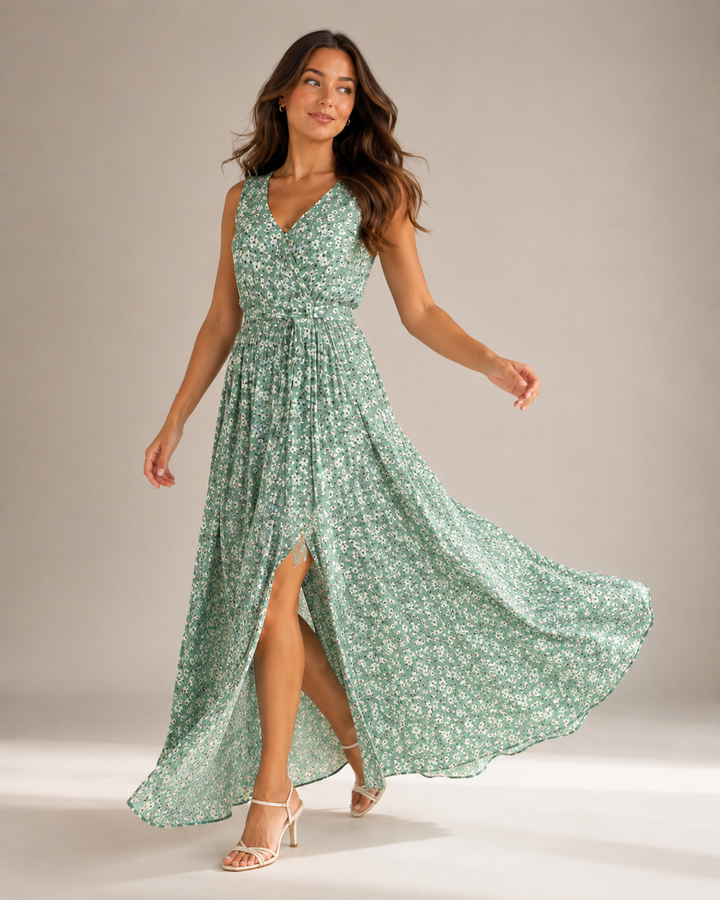 Maren - Sleeveless Maxi Dress with Floral Print and Slit