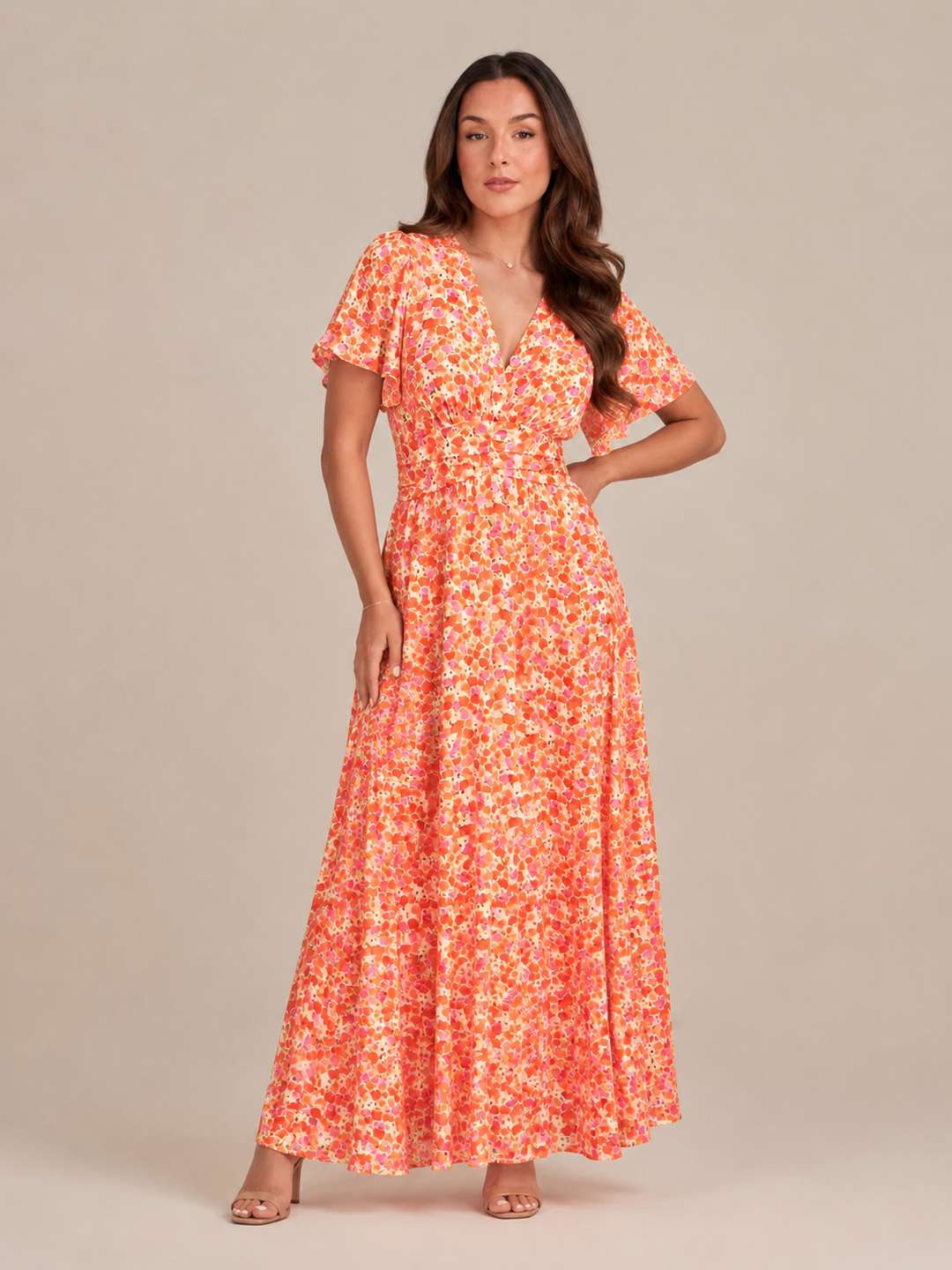 Marjo - Maxi Dress with V-Neck, Elastic Waist and Floral Print
