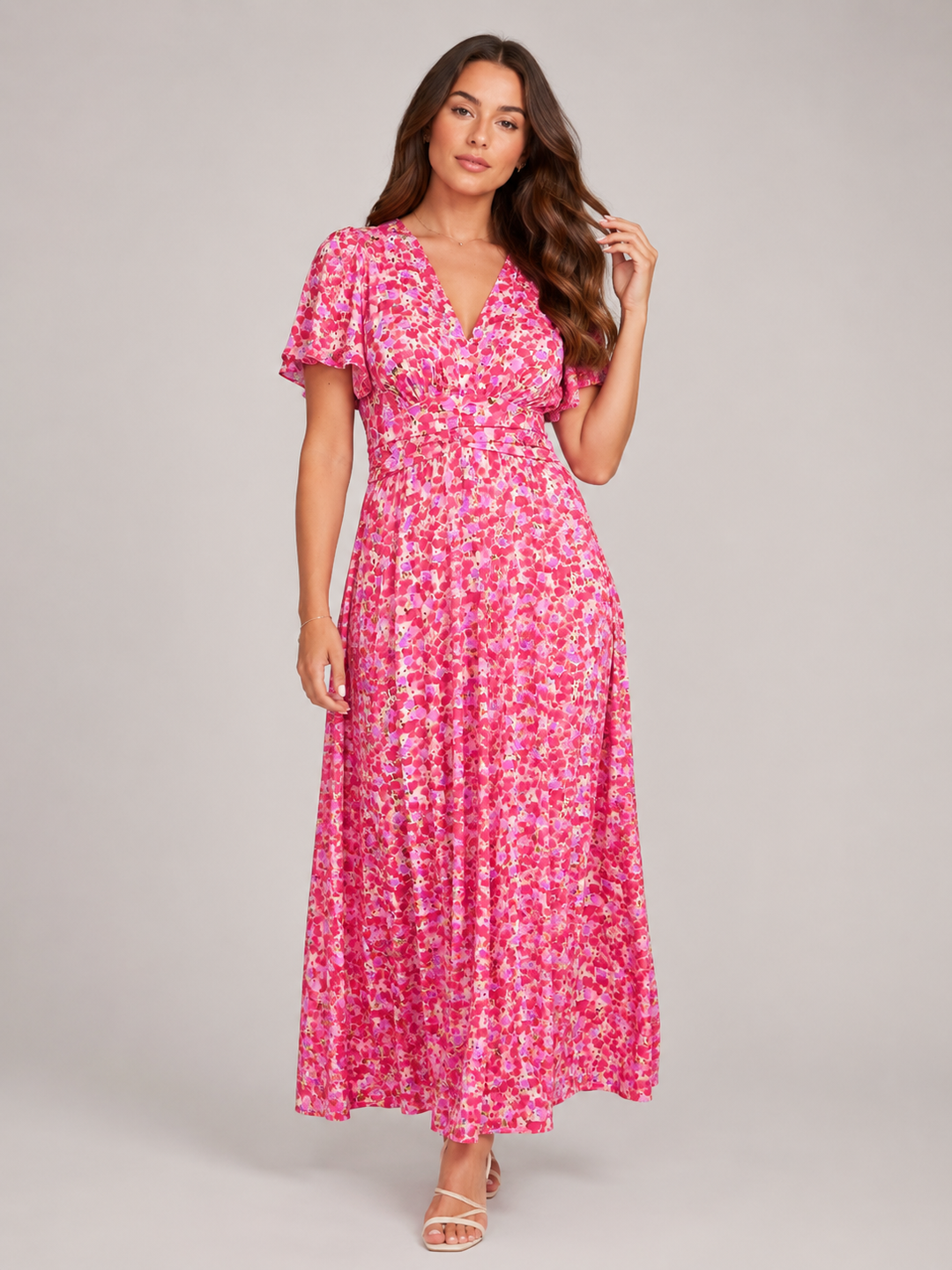 Marjo - Maxi Dress with V-Neck, Elastic Waist and Floral Print
