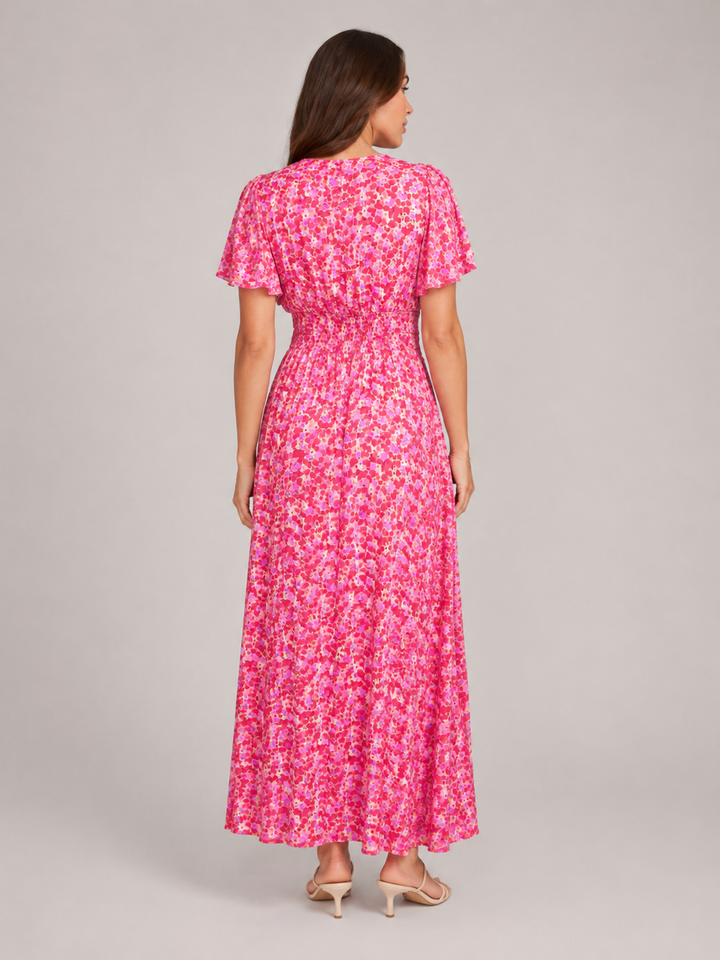 Marjo - Maxi Dress with V-Neck, Elastic Waist and Floral Print