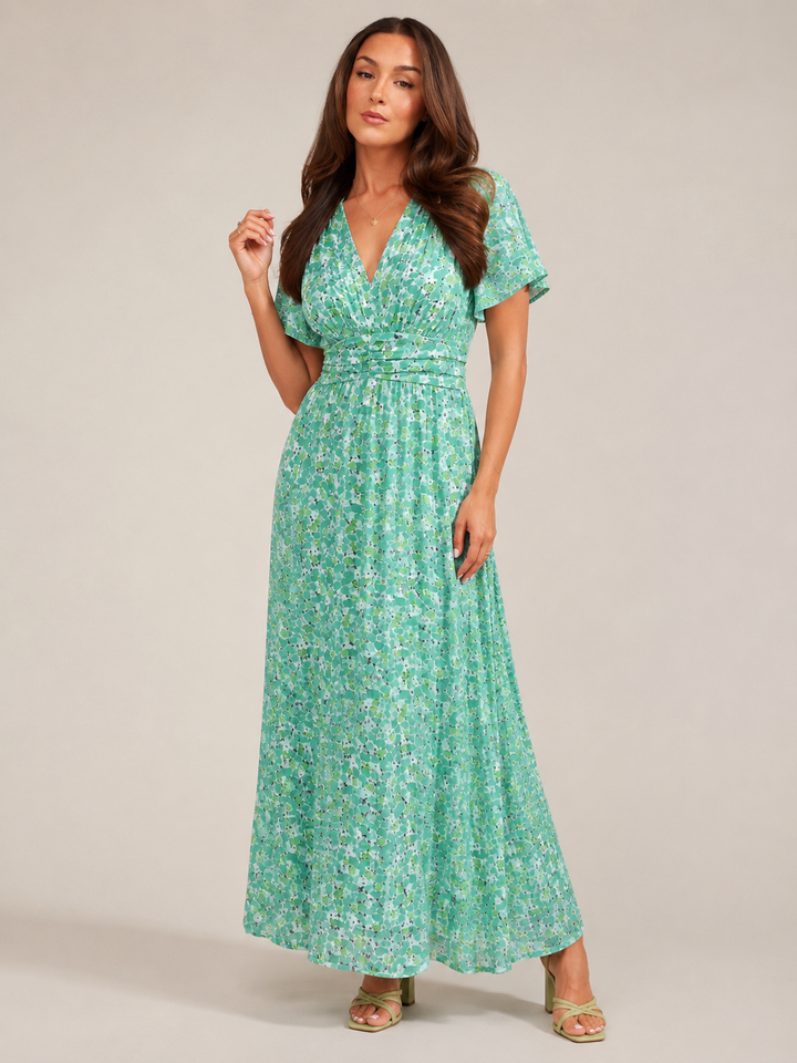 Marjo - Maxi Dress with V-Neck, Elastic Waist and Floral Print