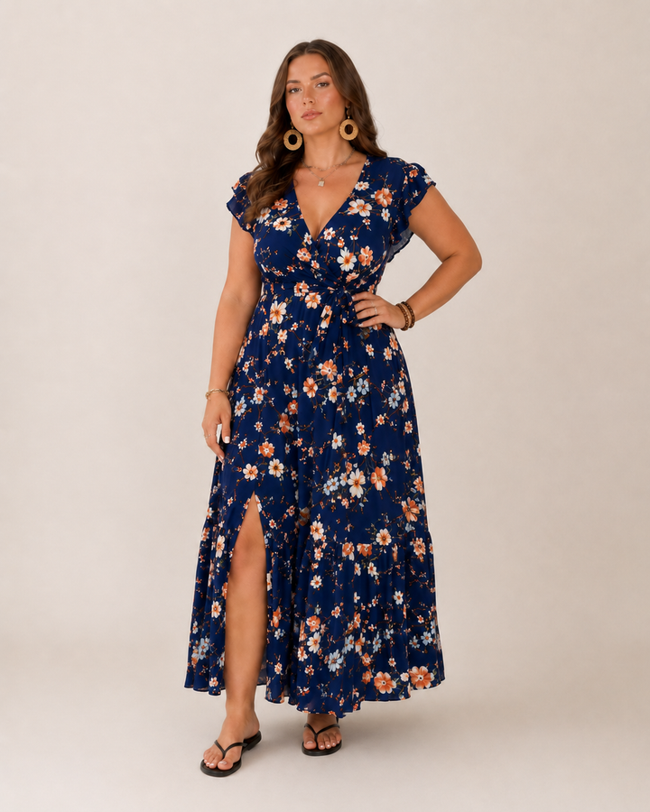 Britt - Flowy Maxi Dress with Floral Print and Flattering Wrap Fit
