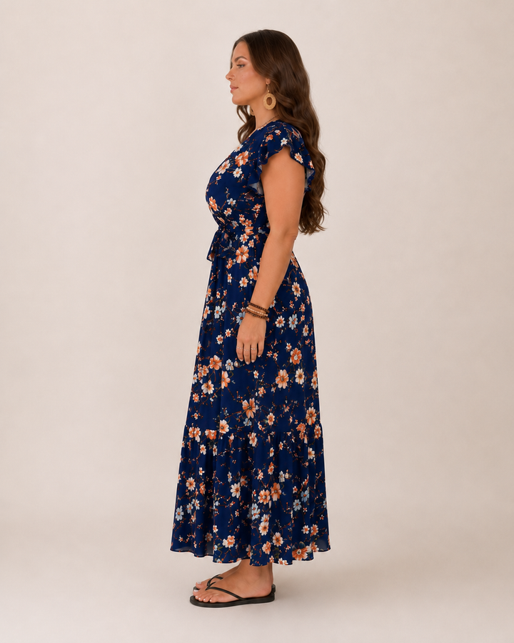 Britt - Flowy Maxi Dress with Floral Print and Flattering Wrap Fit