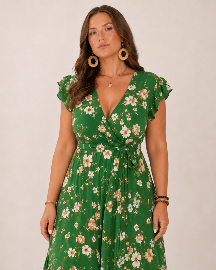 Britt - Flowy Maxi Dress with Floral Print and Flattering Wrap Fit
