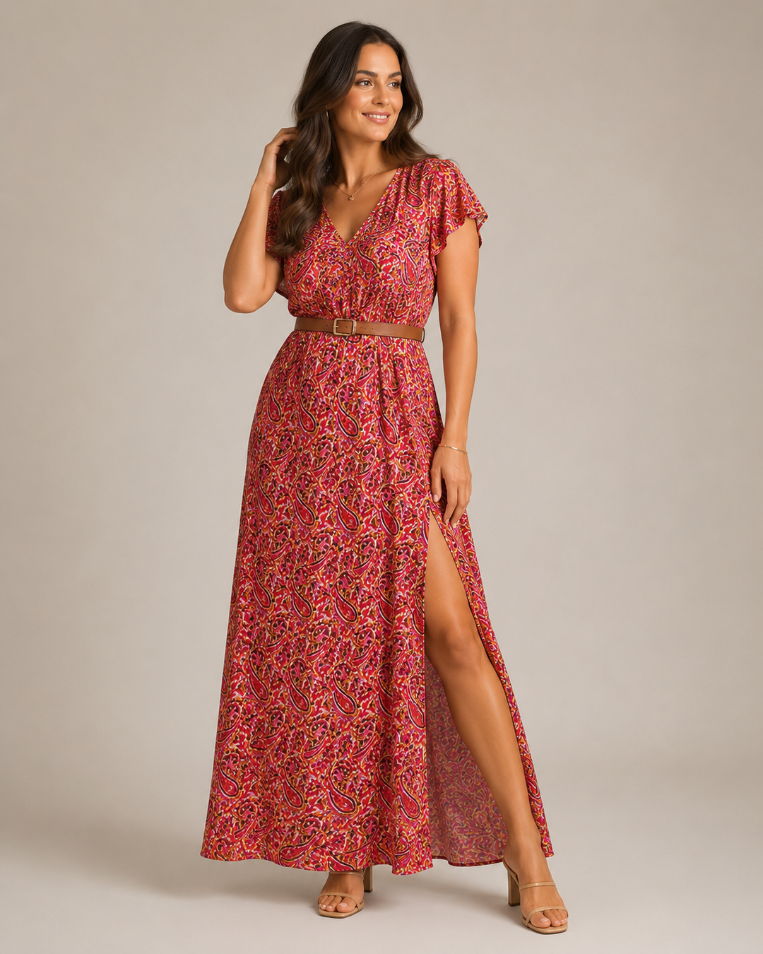 Miranda - Maxi Dress with Elegant Print and Tie Belt