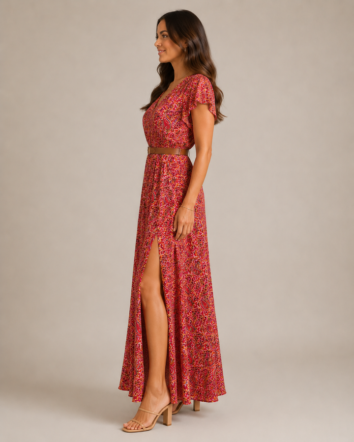 Miranda - Maxi Dress with Elegant Print and Tie Belt