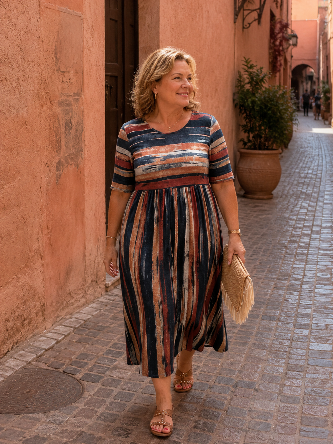 Louise - Striped Tummy-Concealing Midi Dress