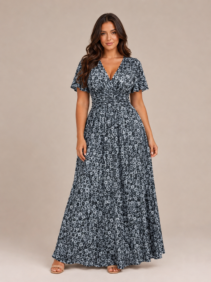 Marjo - Maxi Dress with V-Neck, Elastic Waist and Floral Print