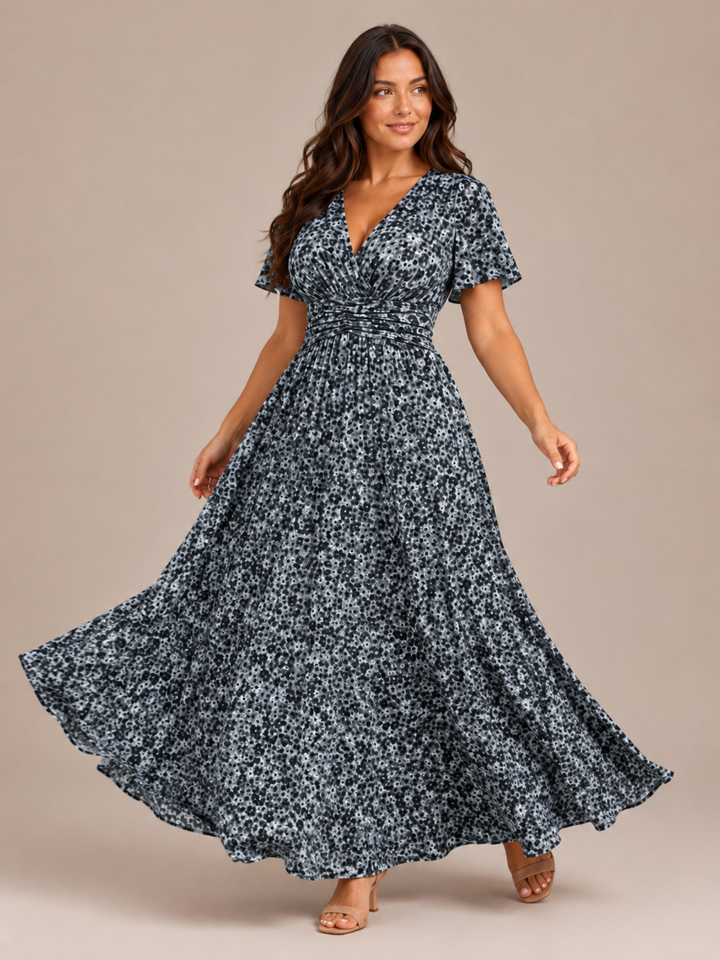 Marjo - Maxi Dress with V-Neck, Elastic Waist and Floral Print