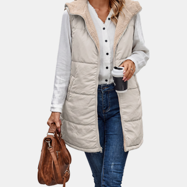Women's Reversible Sherpa Fleece Sleeveless Hooded Zip Up Vest