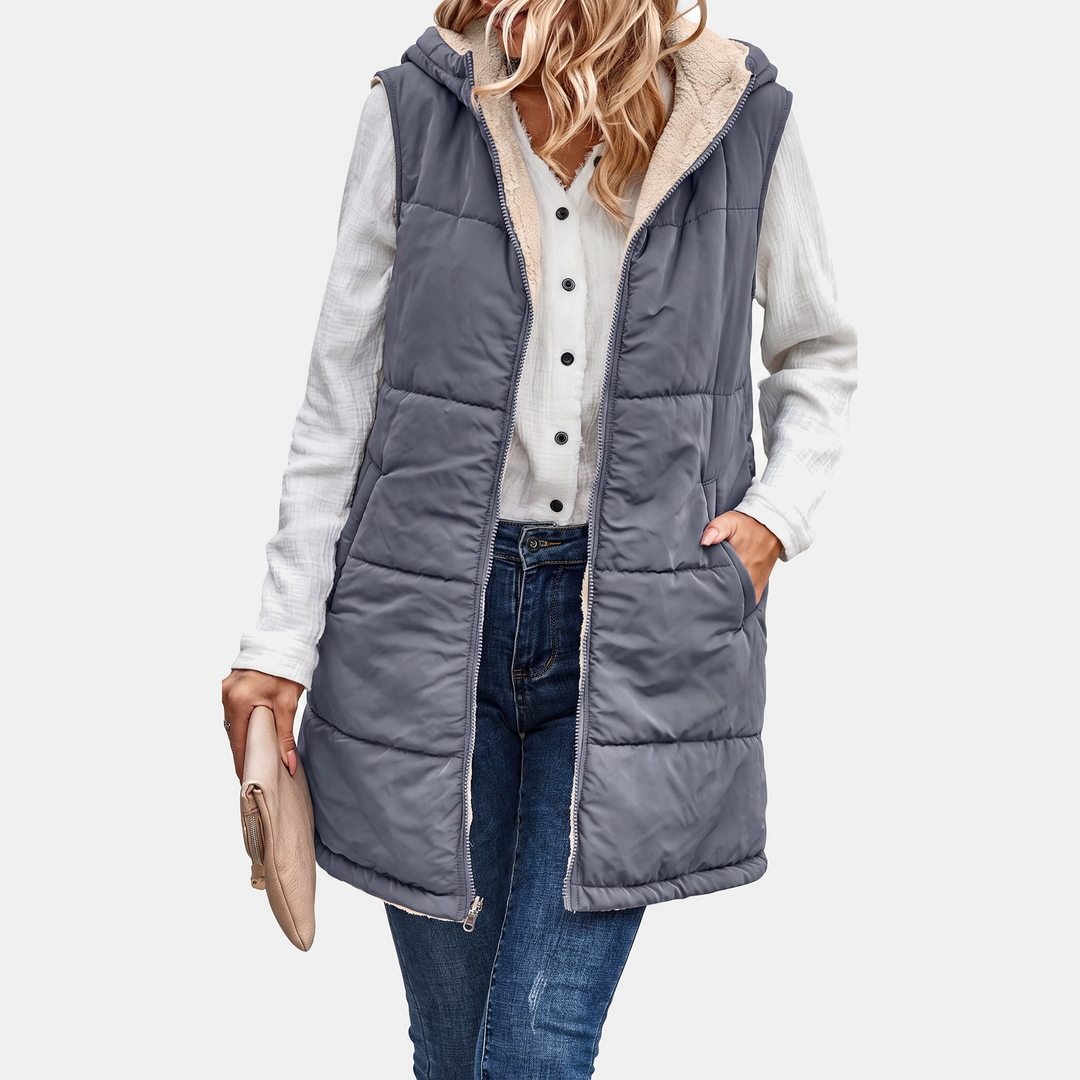 Women's Reversible Sherpa Fleece Sleeveless Hooded Zip Up Vest
