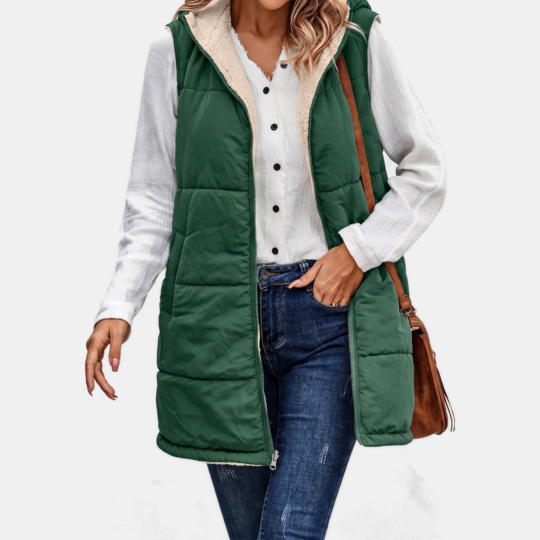 Women's Reversible Sherpa Fleece Sleeveless Hooded Zip Up Vest