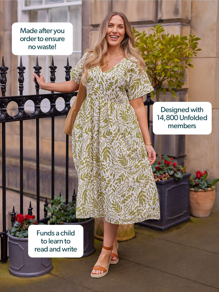 Fern Relaxed Dress - Ecru & Green Leaf Print