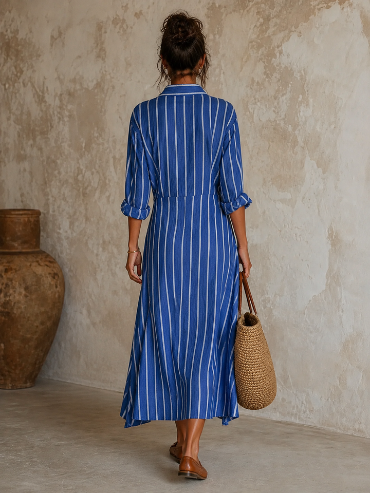 Women's Minimalist Striped Single-Breasted Long-Sleeve Midi Dress