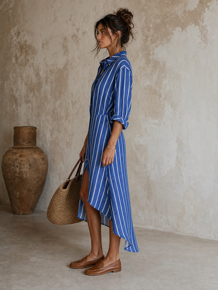 Women's Minimalist Striped Single-Breasted Long-Sleeve Midi Dress