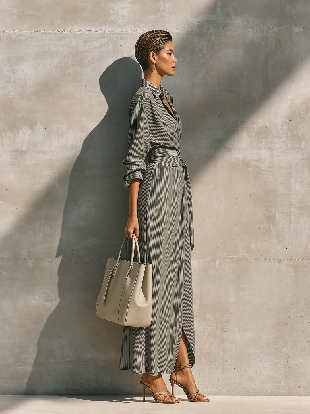 Women's Grey White Vertical Stripe Cotton Blend Collared Wrap Tie Waist Side Pocket Maxi Shirt Dress MDZ1451G8YZJ