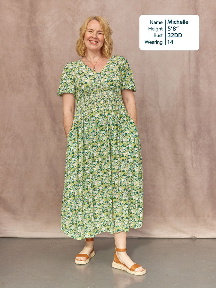 Maddie Short Blouson Sleeve Dress - Green Micro Floral Print