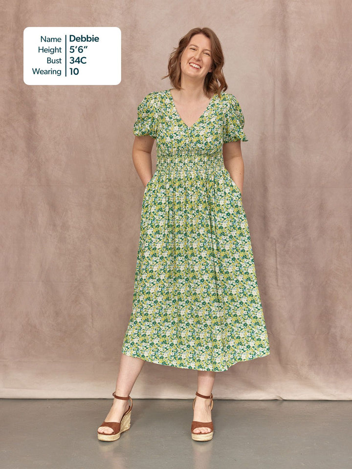 Maddie Short Blouson Sleeve Dress - Green Micro Floral Print