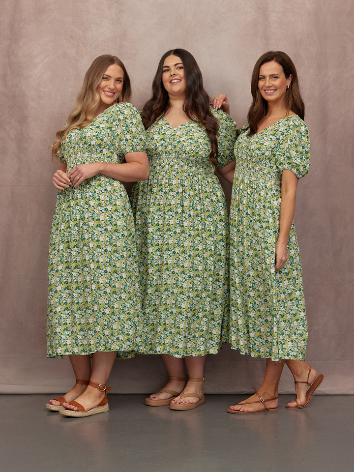 Maddie Short Blouson Sleeve Dress - Green Micro Floral Print