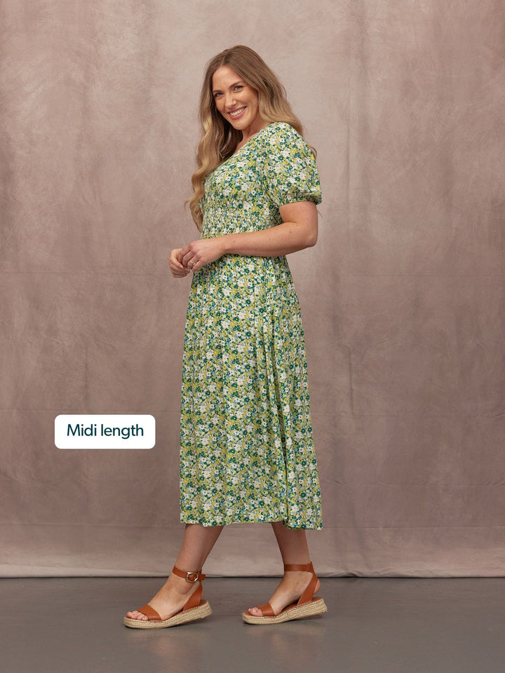 Maddie Short Blouson Sleeve Dress - Green Micro Floral Print